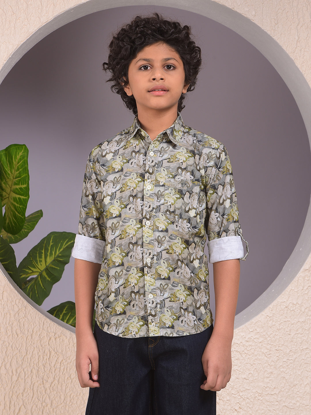 Green Floral Print 100% Cotton Corduory Shirt