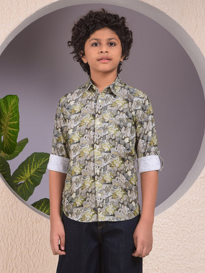 Green Floral Print 100% Cotton Corduory Shirt