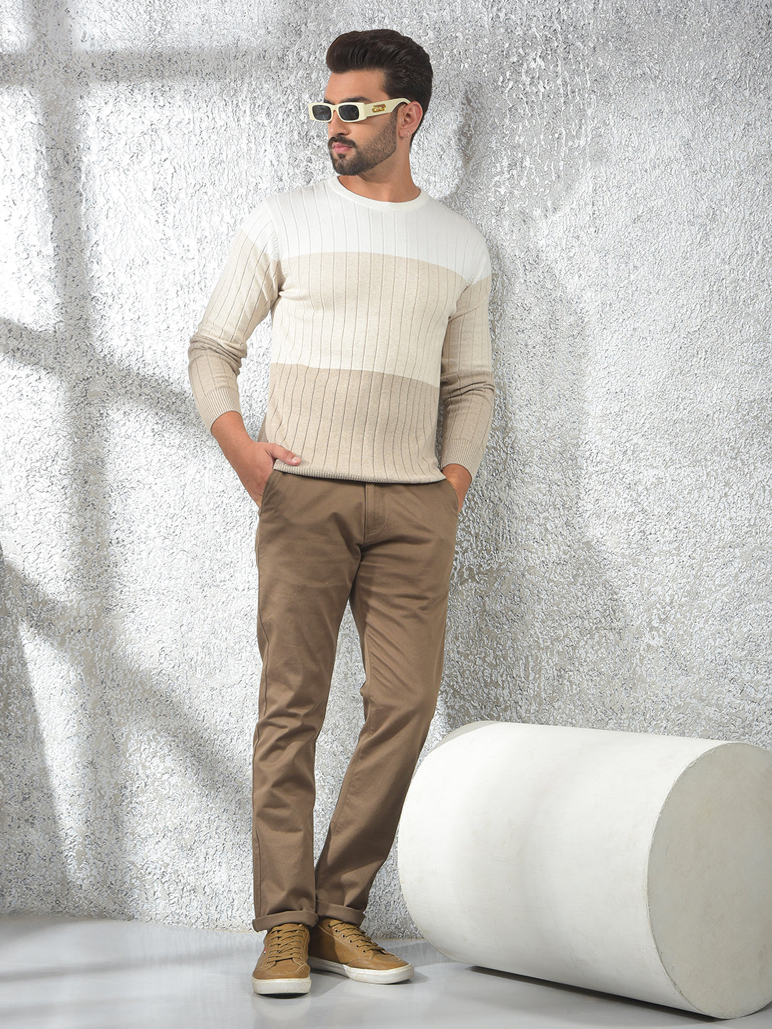 Beige Color-Block 100% Cotton Sweater