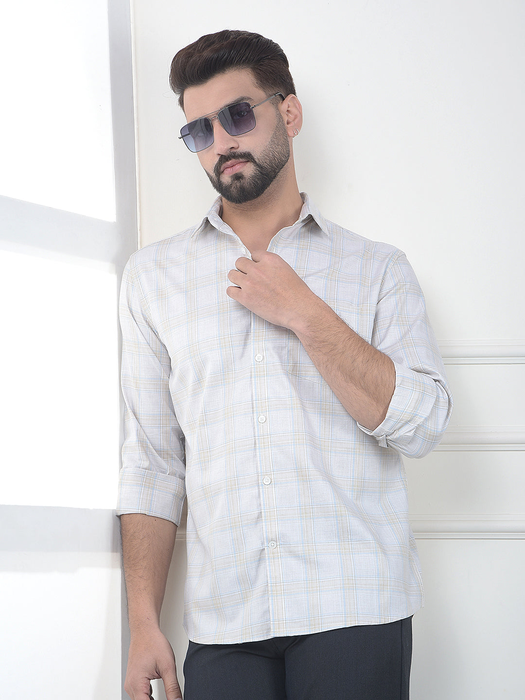 Beige Checked 100% Cotton Shirt