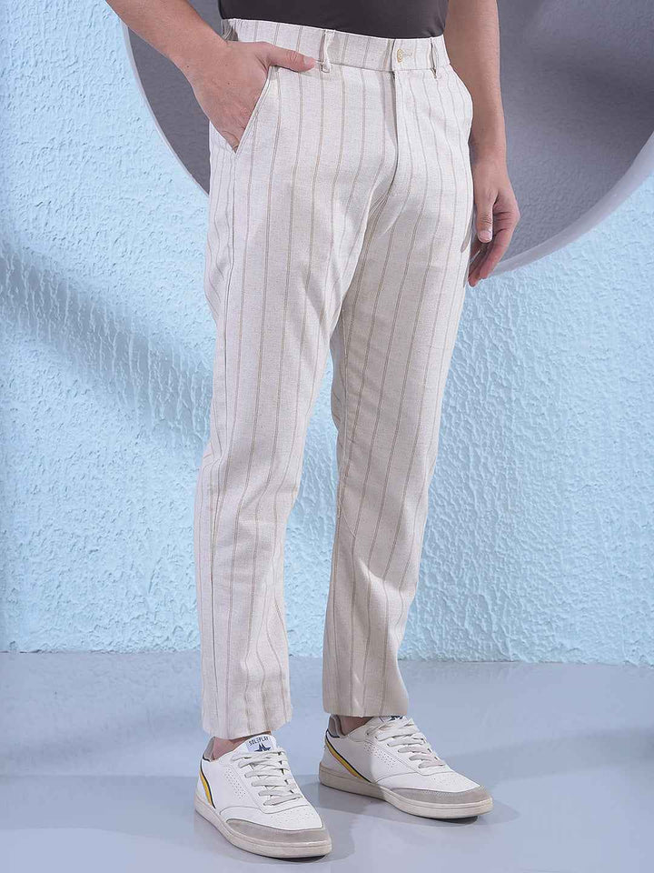Beige Vertical Stripes Trousers