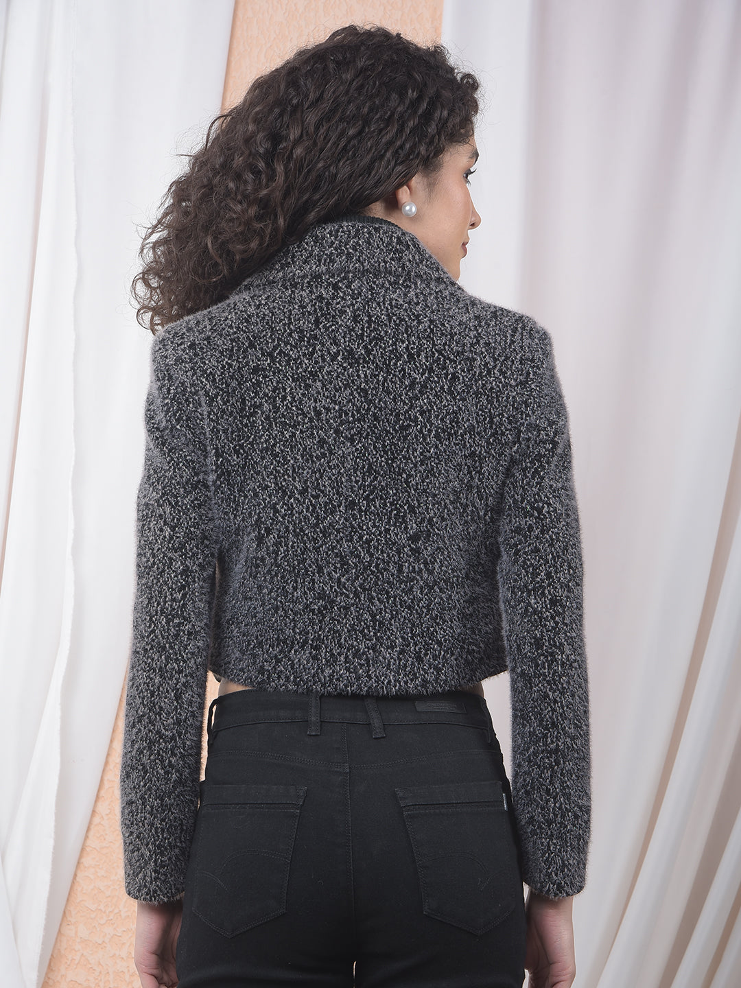 Black Notched Lapel Cropped Fur Coat