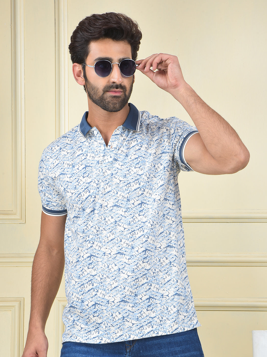 Blue Printed Polo Neck T-Shirt
