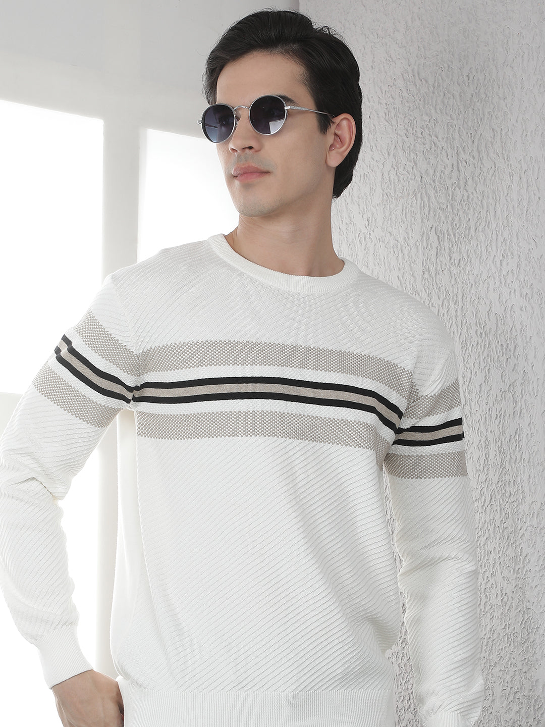 Off White 100% Cotton Horizontal Stripes Round Neck Sweater
