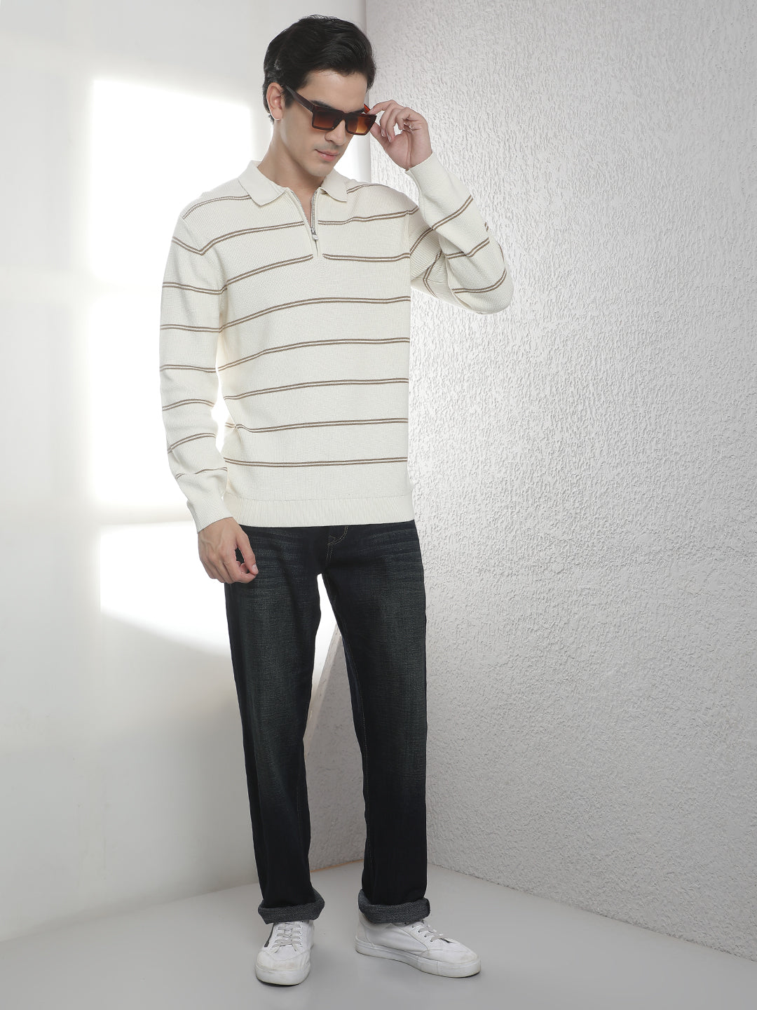 White 100% Cotton Horizontal Stripes Polo Neck Sweater