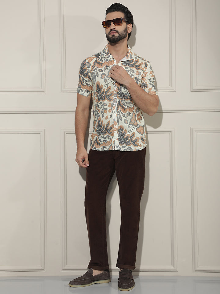 Orange Floral Print Linen Shirt