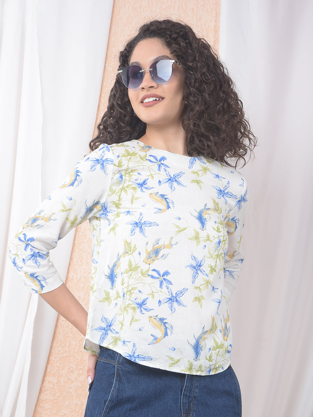 Blue Floral Printed Linen Top