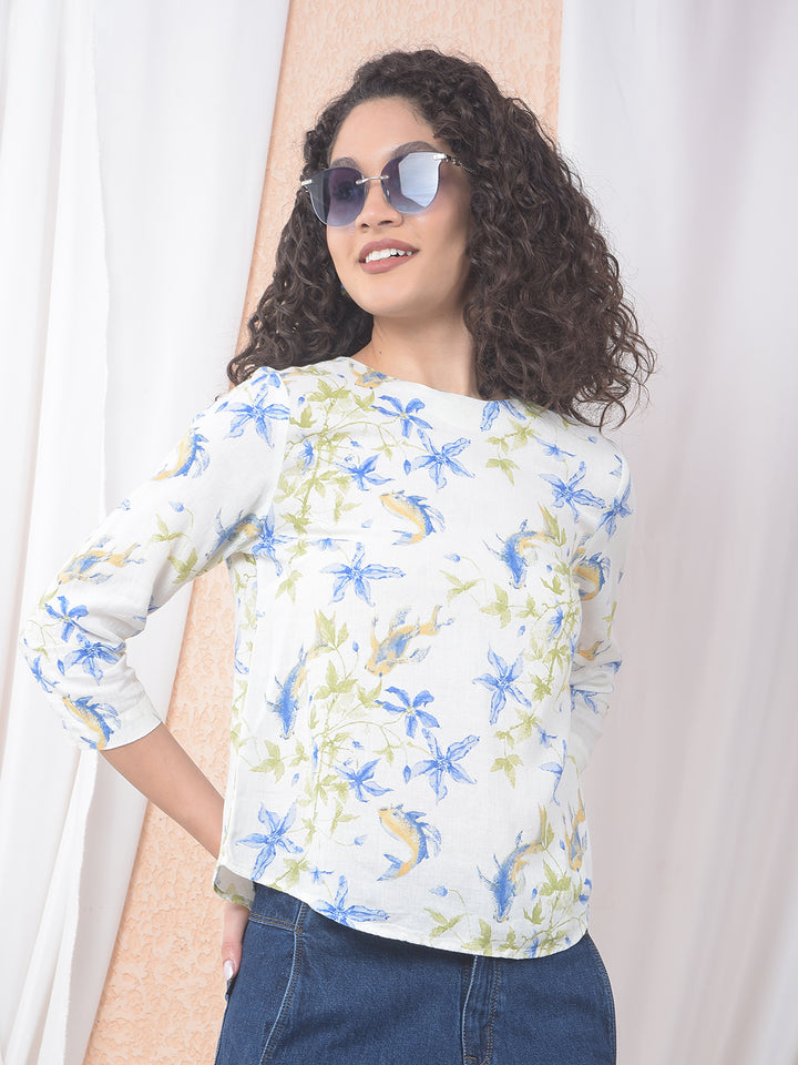 Blue Floral Printed Linen Top