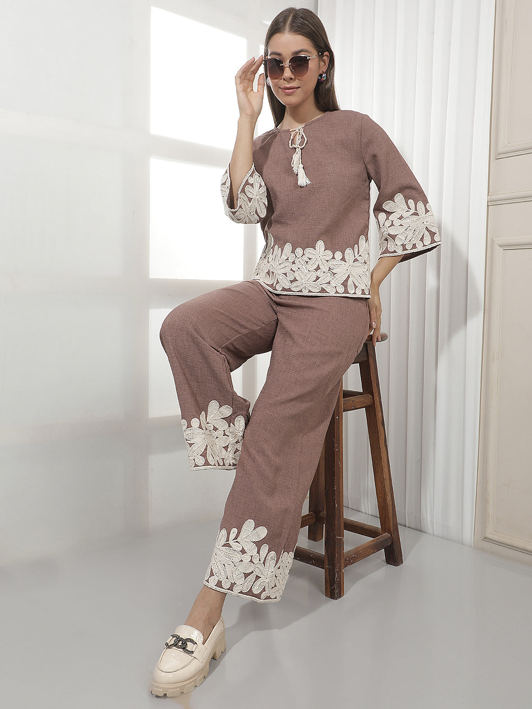 Brown Embroidered 100% Cotton Wide Leg Trousers