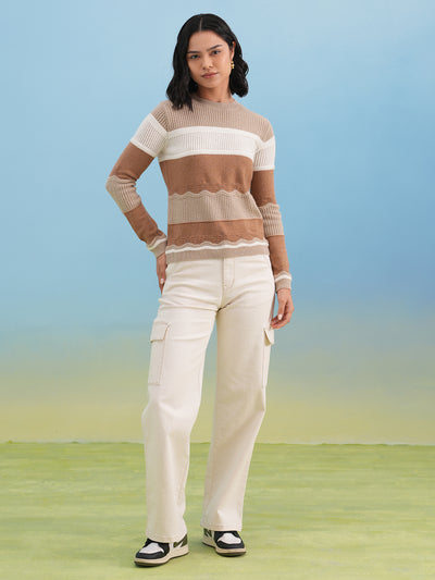Sand Beige Textured Color-Block Sweater