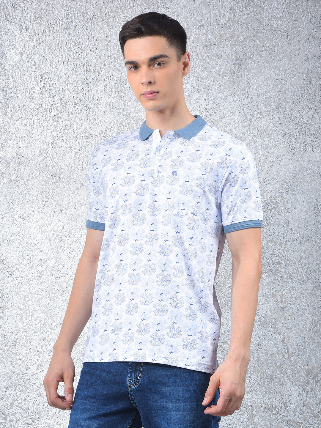 Blue Floral Print Polo Neck T-Shirt