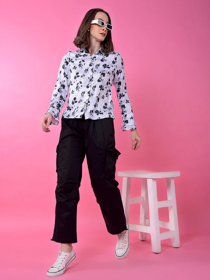 White Floral Print Shirt-Women Shirts-Crimsoune Club