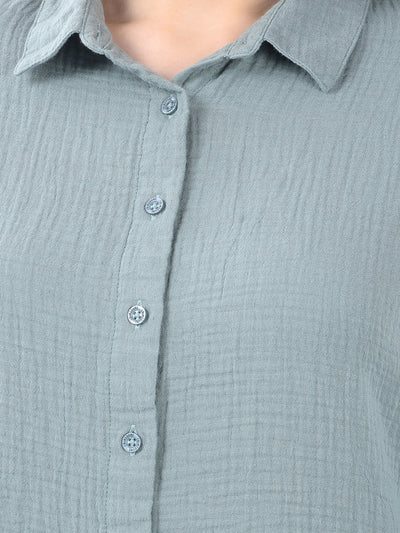 Sage Green Crinkled Textured Slim Fit Shirt