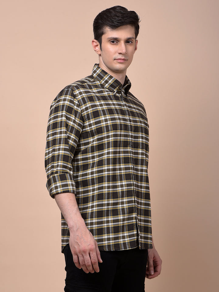 Olive Checked Button-Down Collar 100% Cotton Shirt