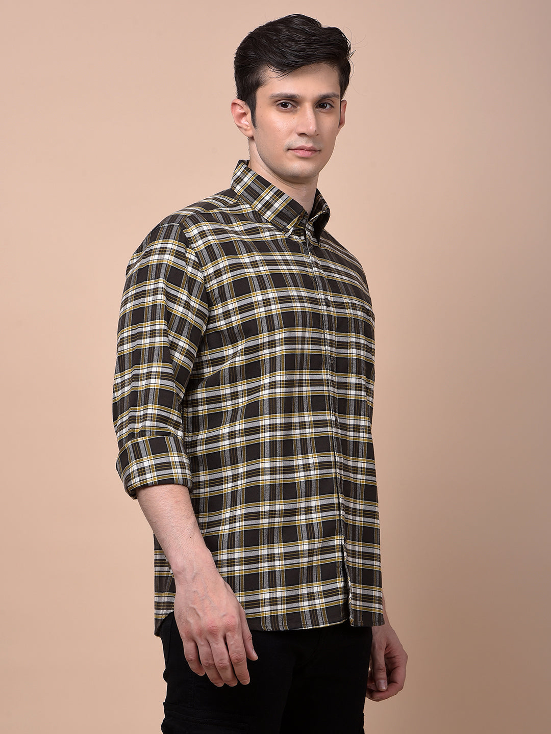 Olive Checked Button-Down Collar 100% Cotton Shirt