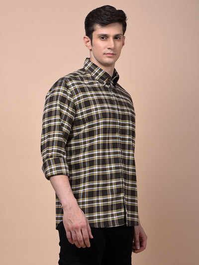 Olive Checked Button-Down Collar 100% Cotton Shirt