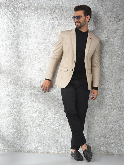 Beige Checked Notched Lapel Single-Breasted Blazer