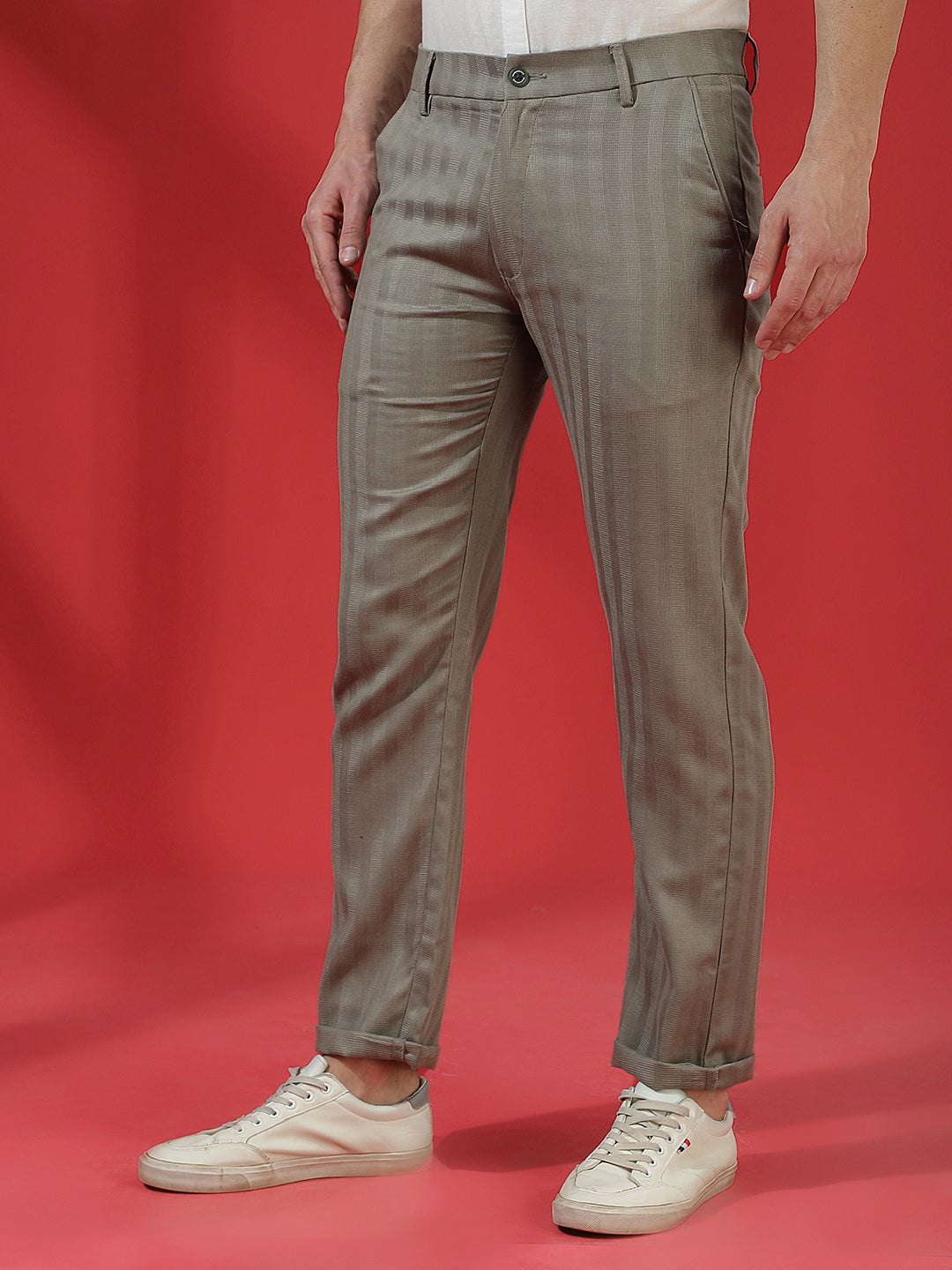 Steel Grey Linen Vertical Striped Trousers