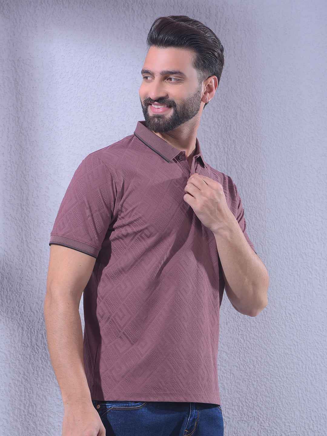 Maroon Jacquard Polo Neck T-Shirt