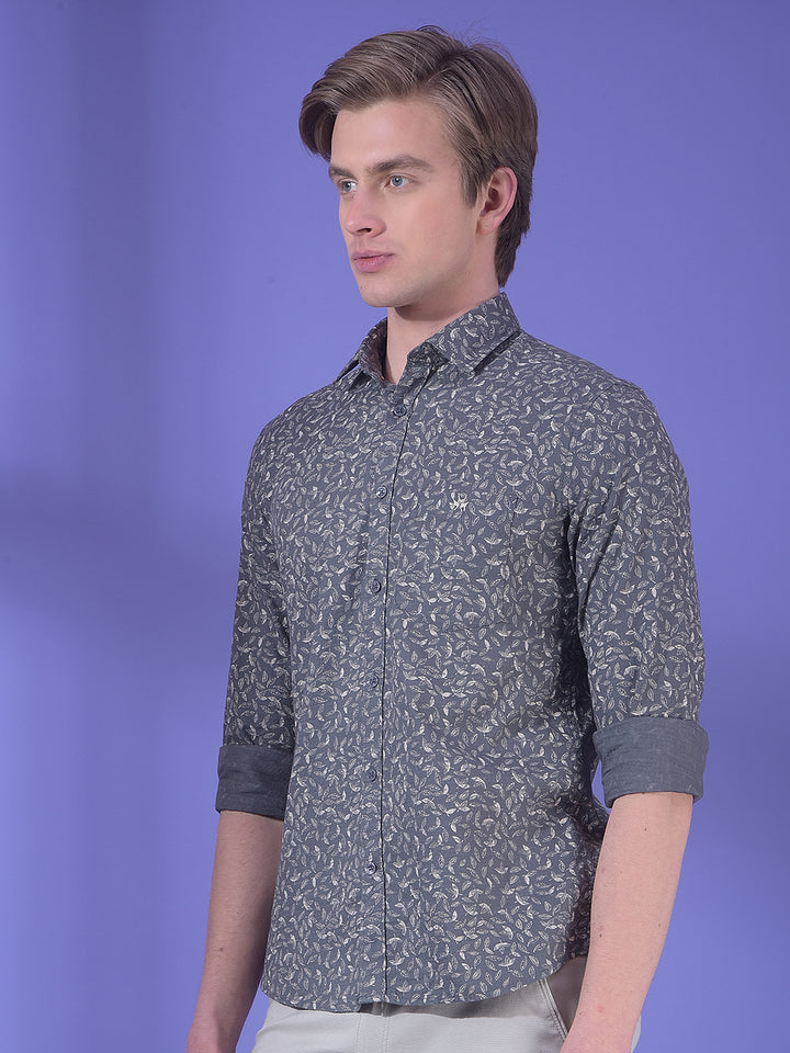 Grey Floral Printed 100% Cotton Shirt