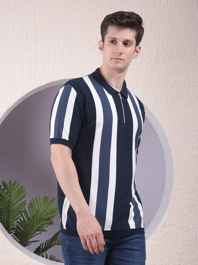 Navy Blue Vertical Stripes Polo Neck 100% Cotton T-Shirt