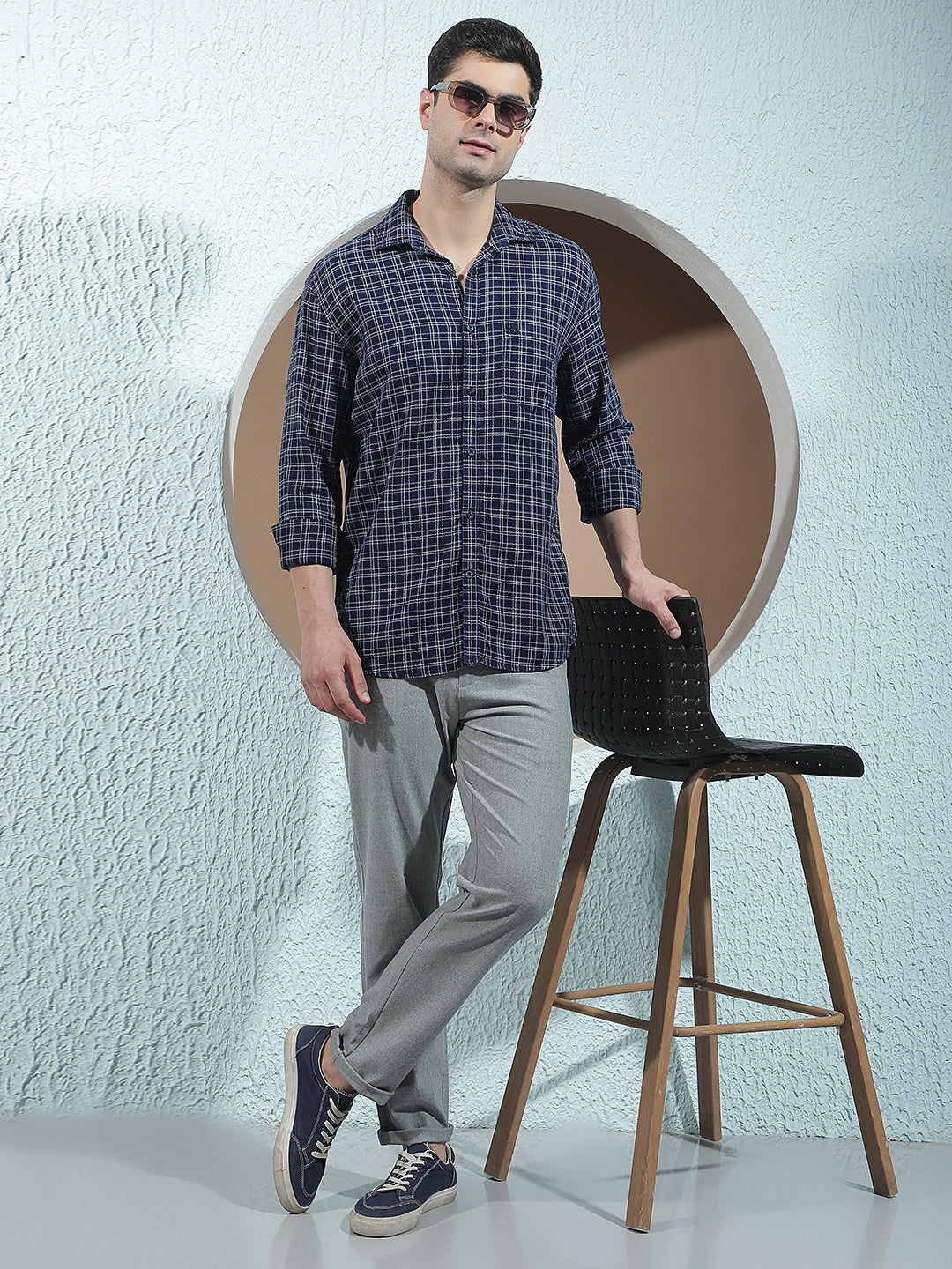 Navy Blue 100% Cotton Checked Shirt