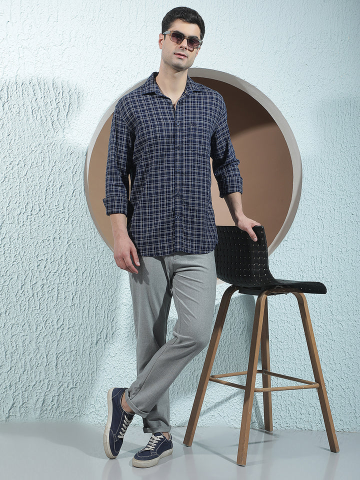 Navy Blue 100% Cotton Checked Shirt