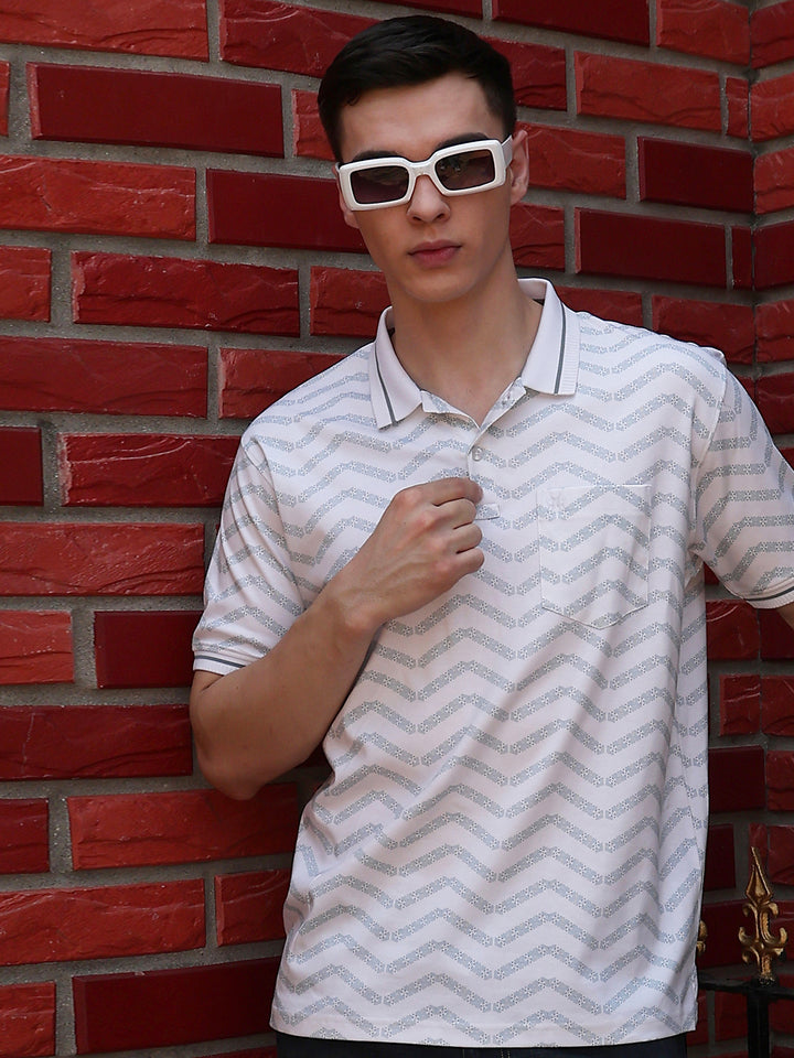 White Printed Polo Neck 100% Cotton T-Shirt