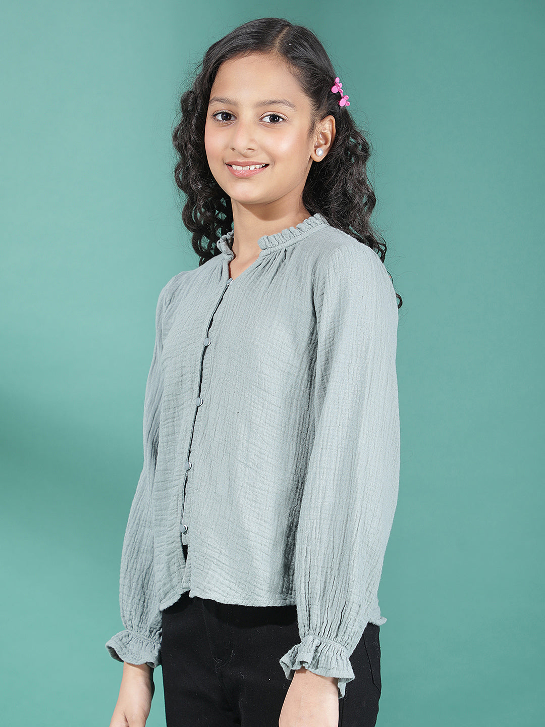 Green Textured V-Neck Top
