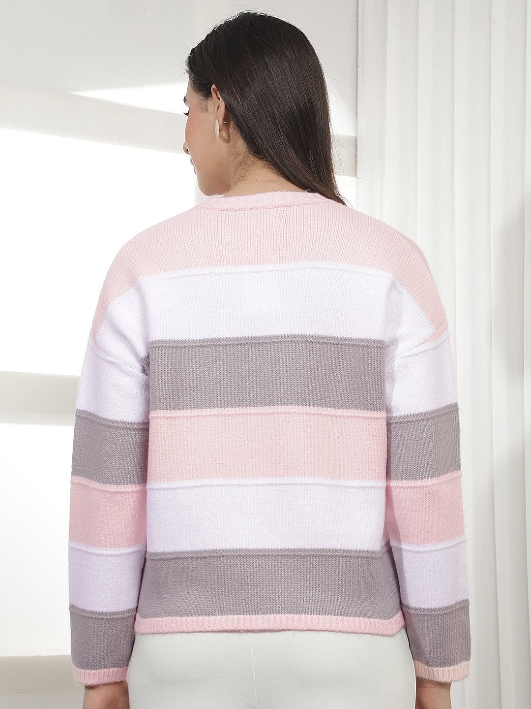 Pink Horizontal Stripes Acrylic Sweater