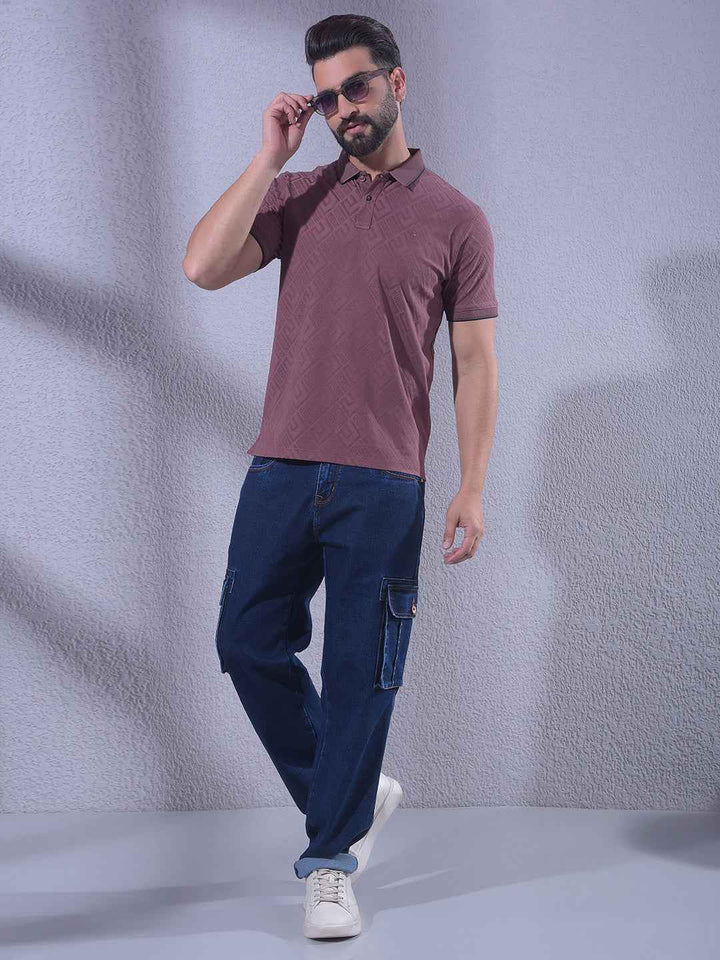 Maroon Jacquard Polo Neck T-Shirt