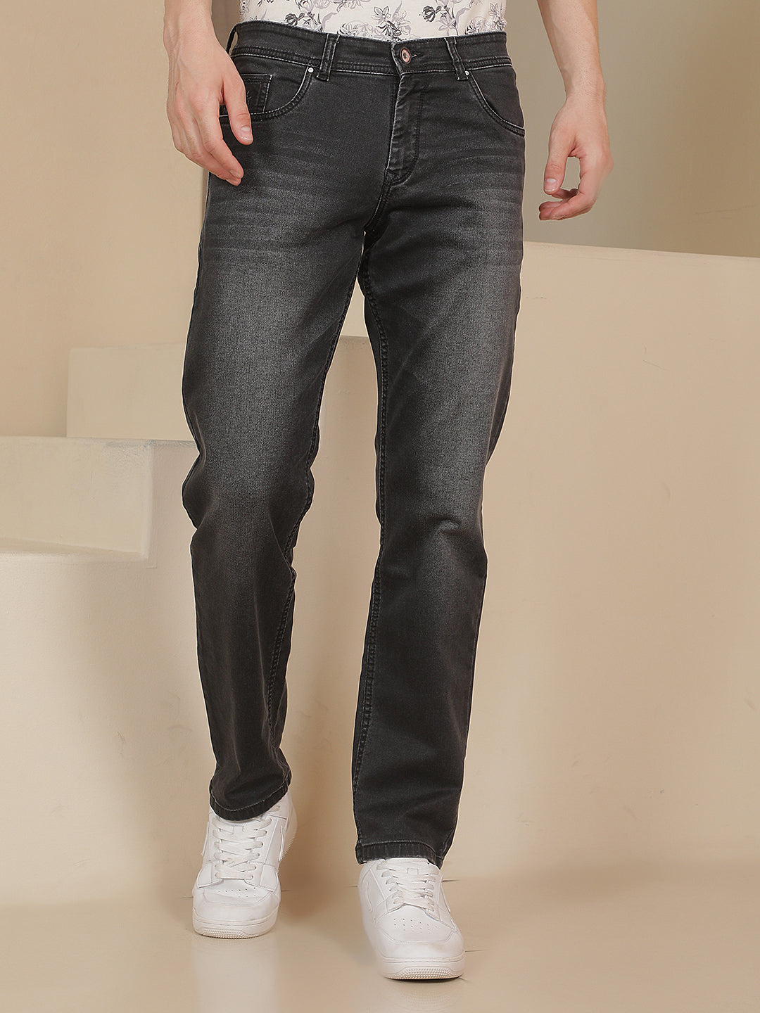 Grey Cotton Straight Jeans