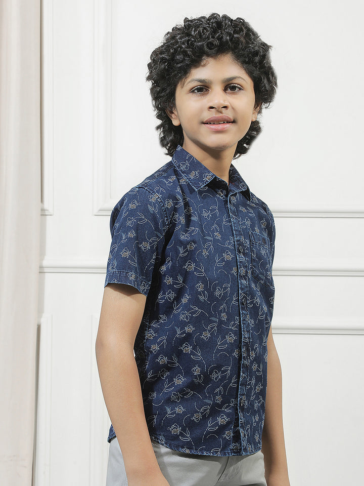Navy Blue 100% Cotton Floral Print Shirt