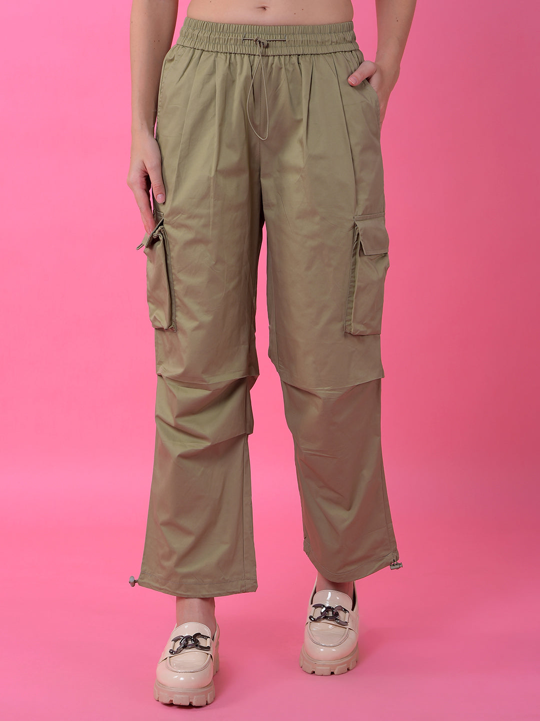 Beige Loose Fit 100% Cotton Cargo Trousers