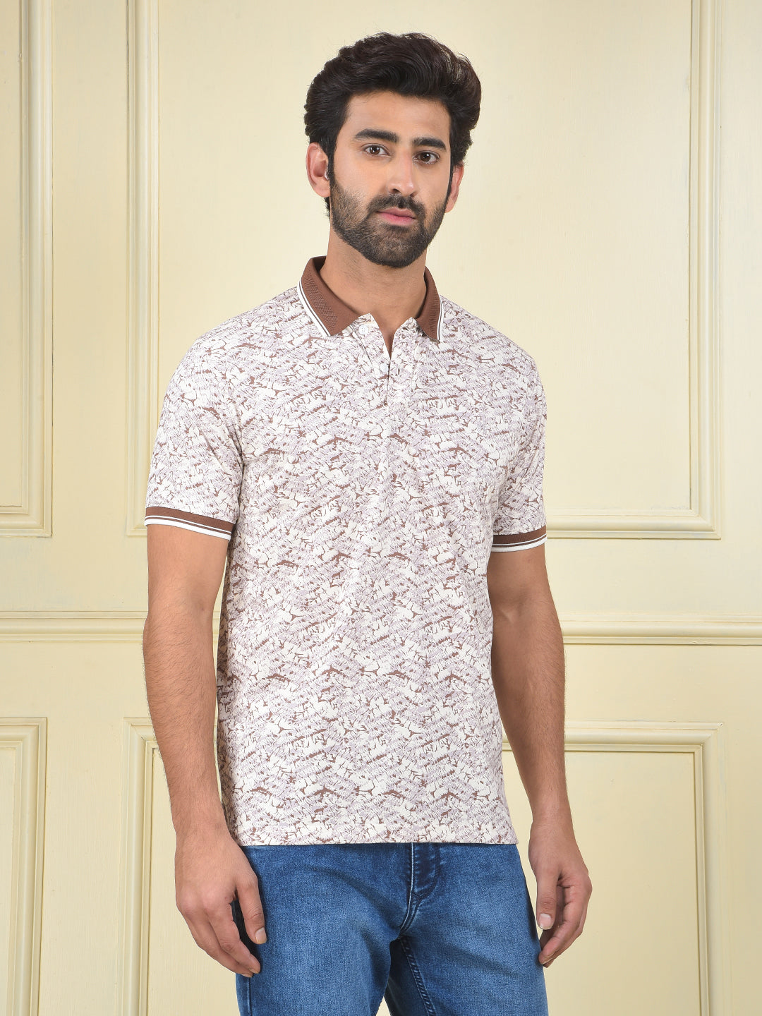 Brown Printed Polo Neck T-Shirt