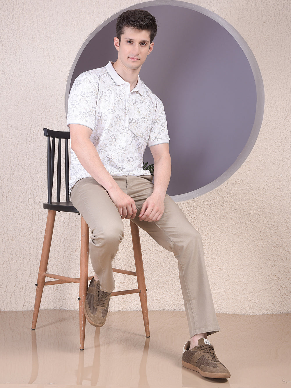 Beige Printed Straight Trousers