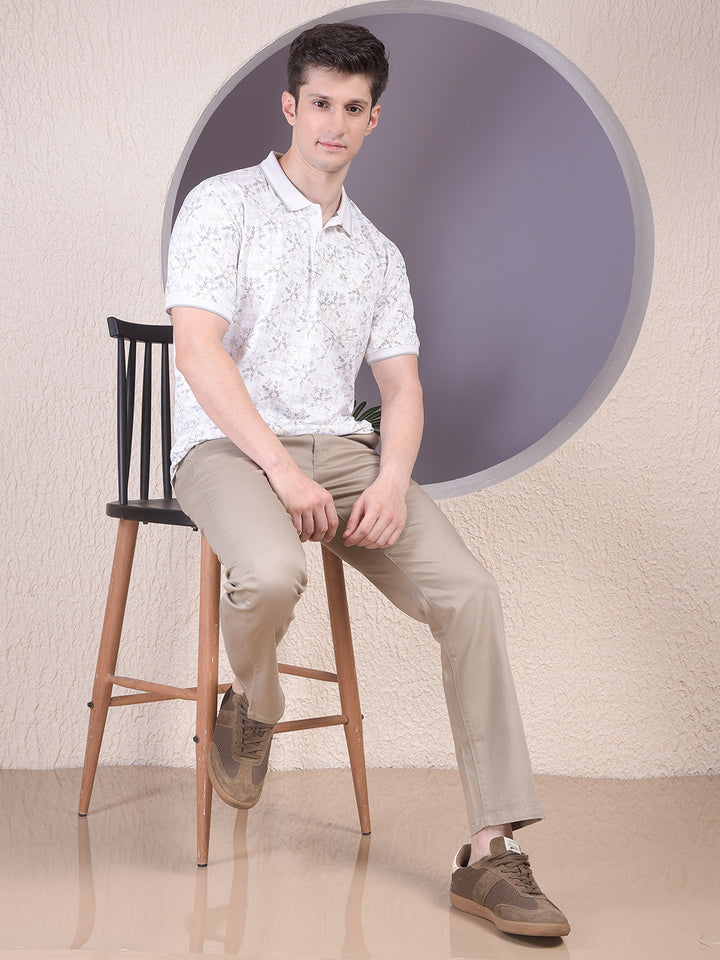 Beige Printed Straight Trousers