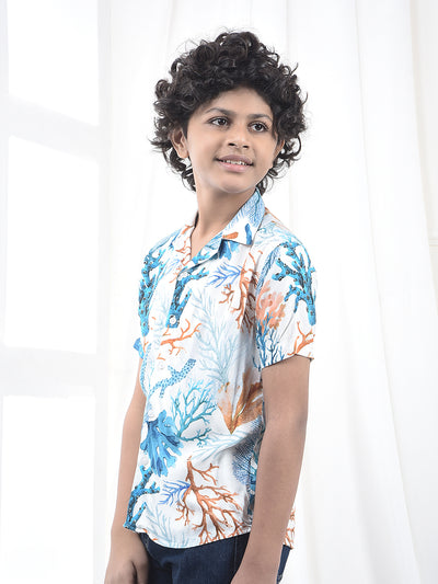 Peach Printed Resort-Collar Shirt