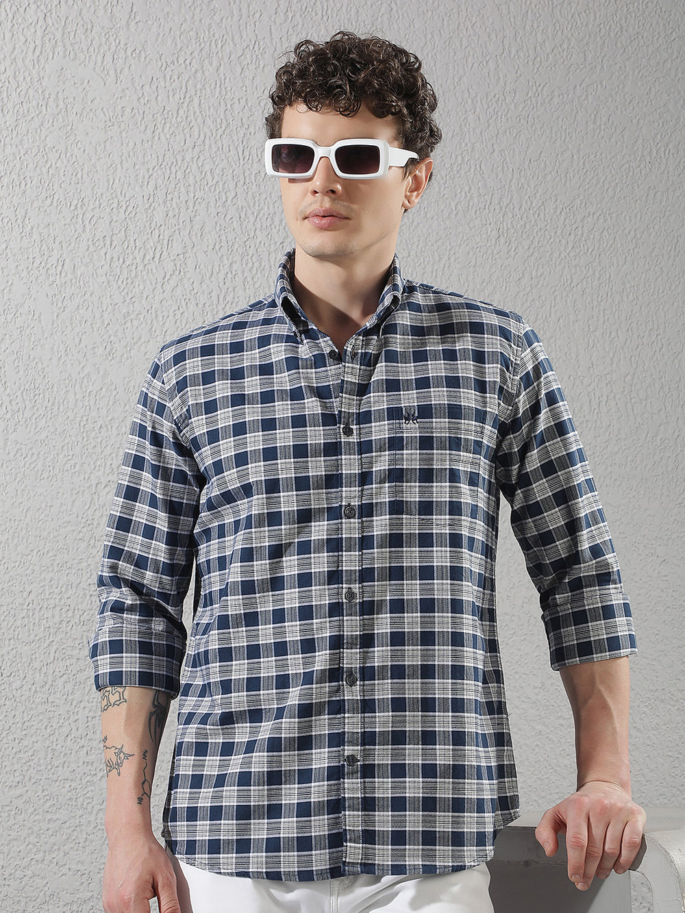 Navy Blue Checked Button-Down Collar 100% Cotton Shirt