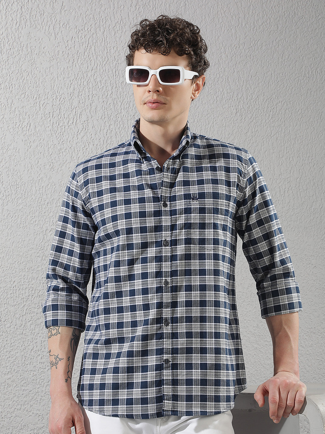 Navy Blue Checked Button-Down Collar 100% Cotton Shirt