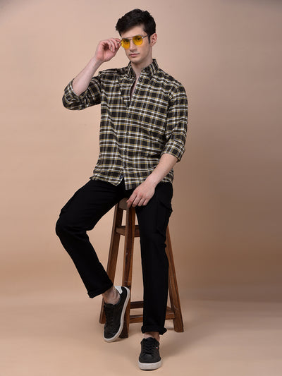 Olive Checked Button-Down Collar 100% Cotton Shirt