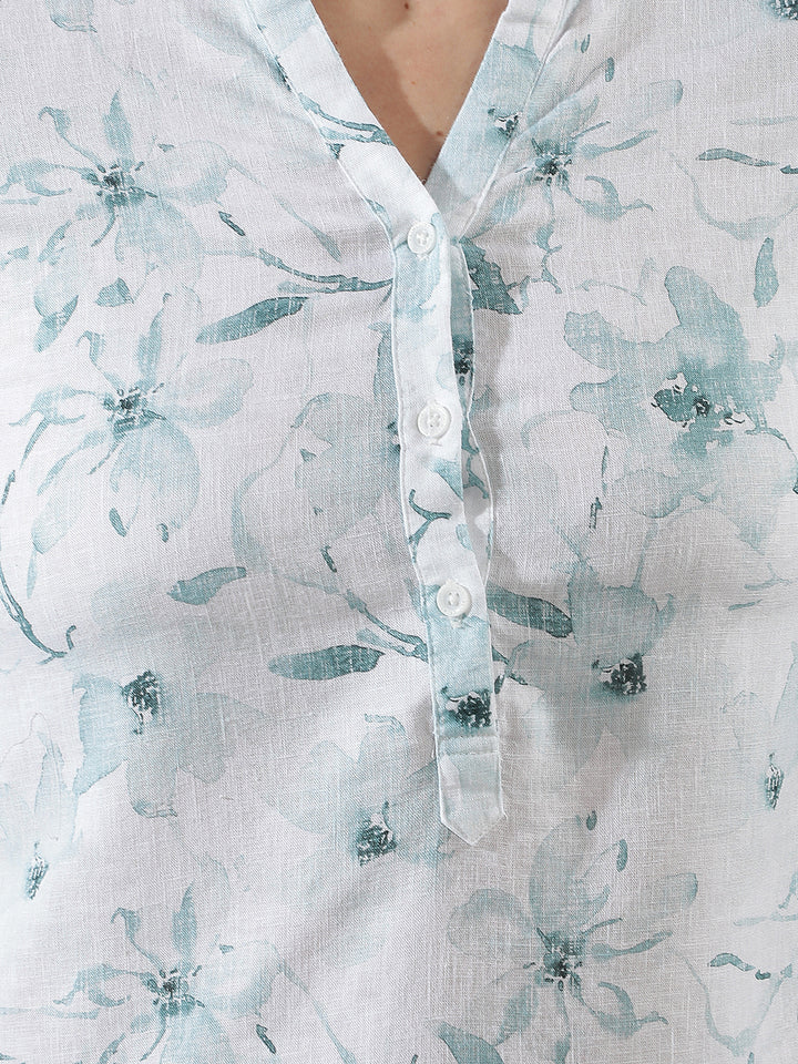 Green Floral Print V-Neck Linen Top