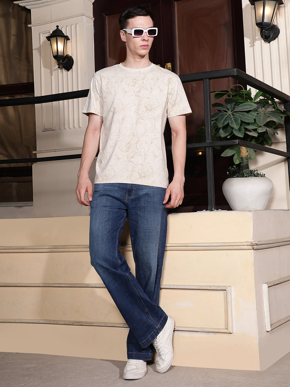 Off White Round Neck Floral Printed T-Shirt