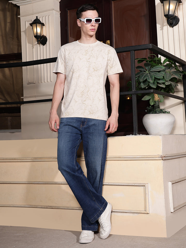 Off White Round Neck Floral Printed T-Shirt