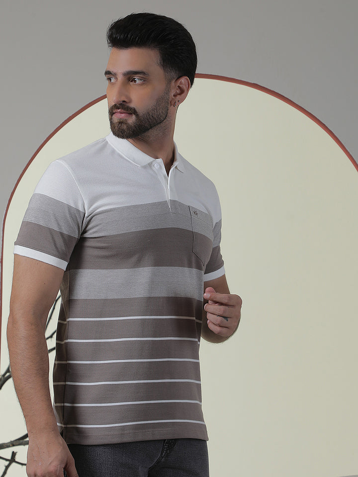 Purple Horizontal Striped Polo Neck T-Shirt