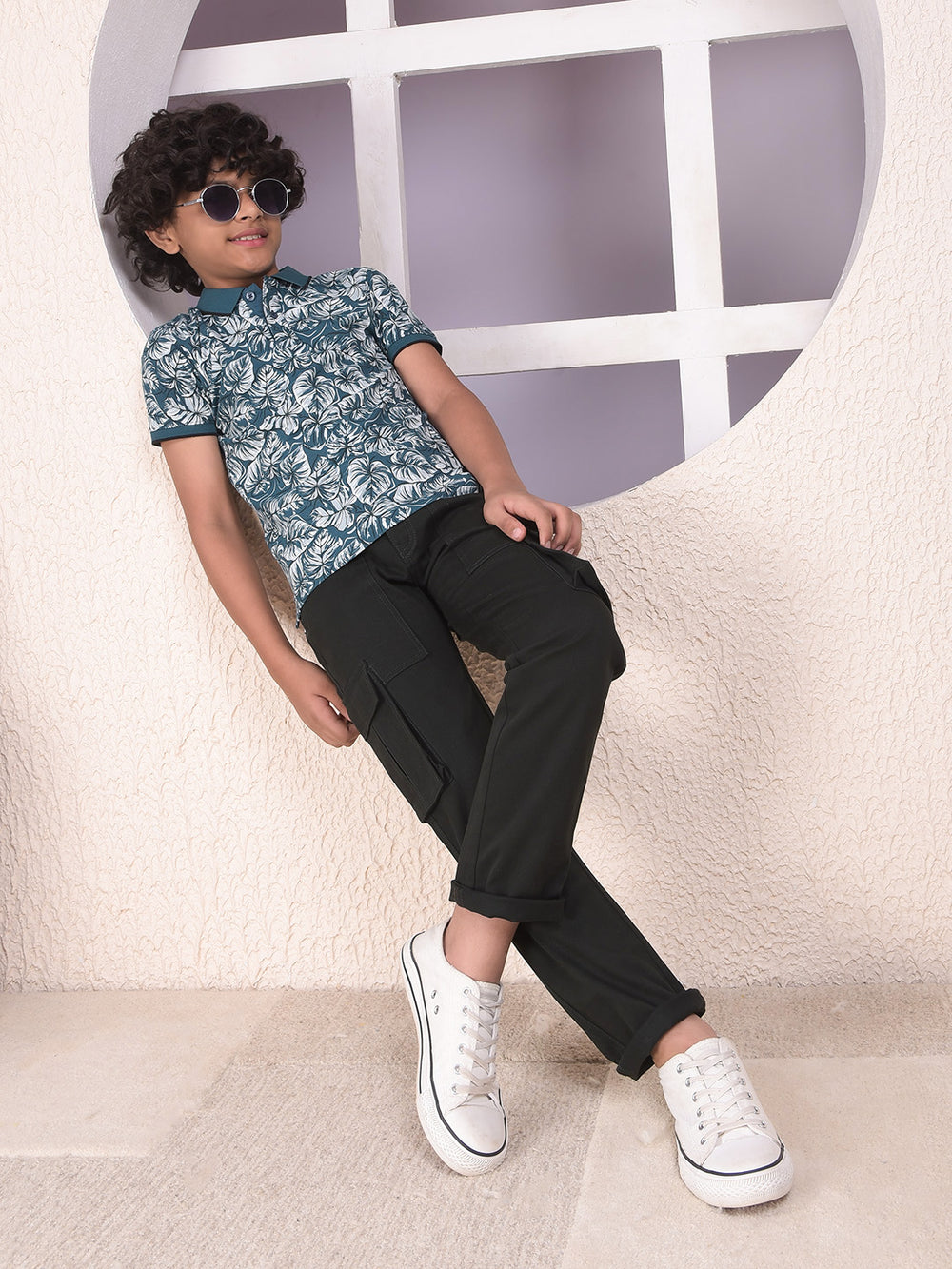 Green Floral Print Polo Neck T-Shirt