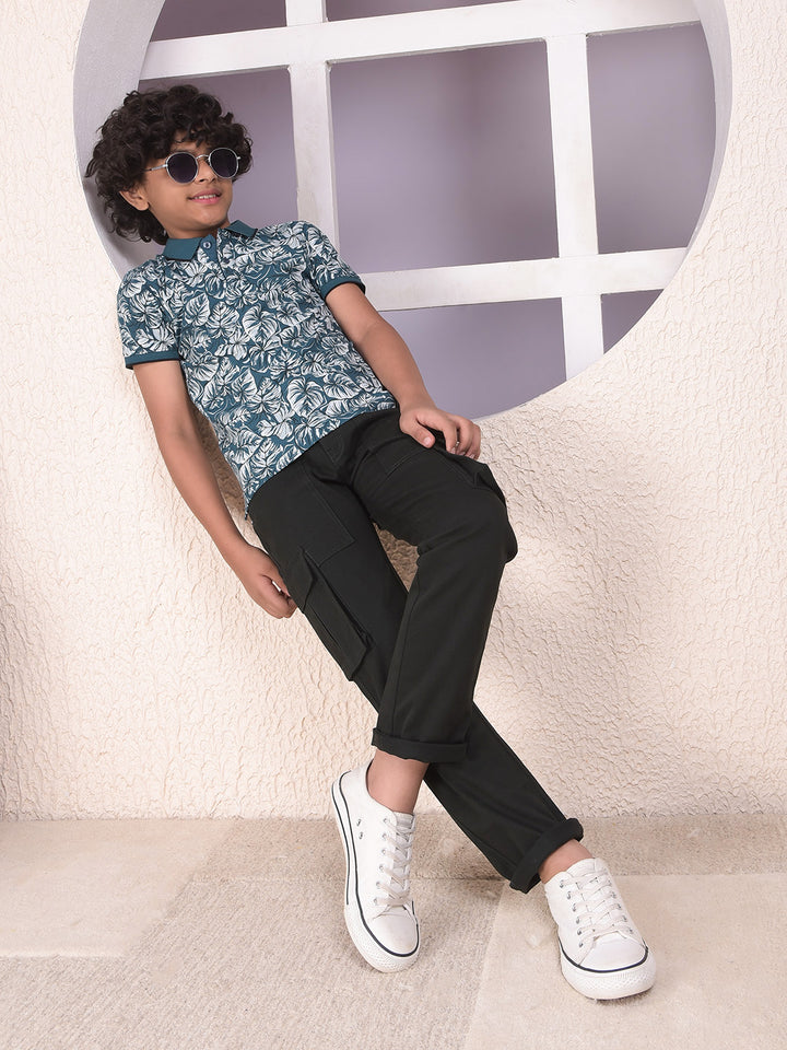 Green Floral Print Polo Neck T-Shirt