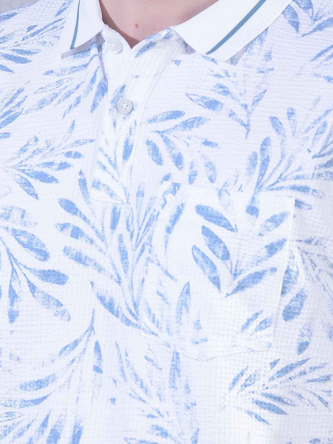 Blue Floral Print Polo Neck T-Shirt