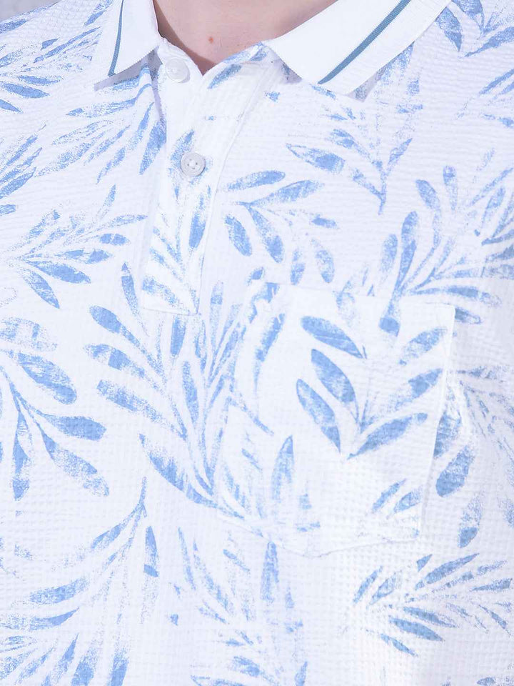 Blue Floral Print Polo Neck T-Shirt