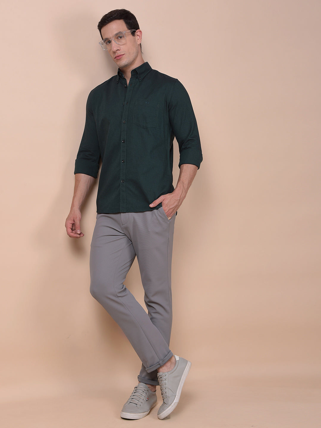 Green Button-Down Collar 100% Cotton Shirt